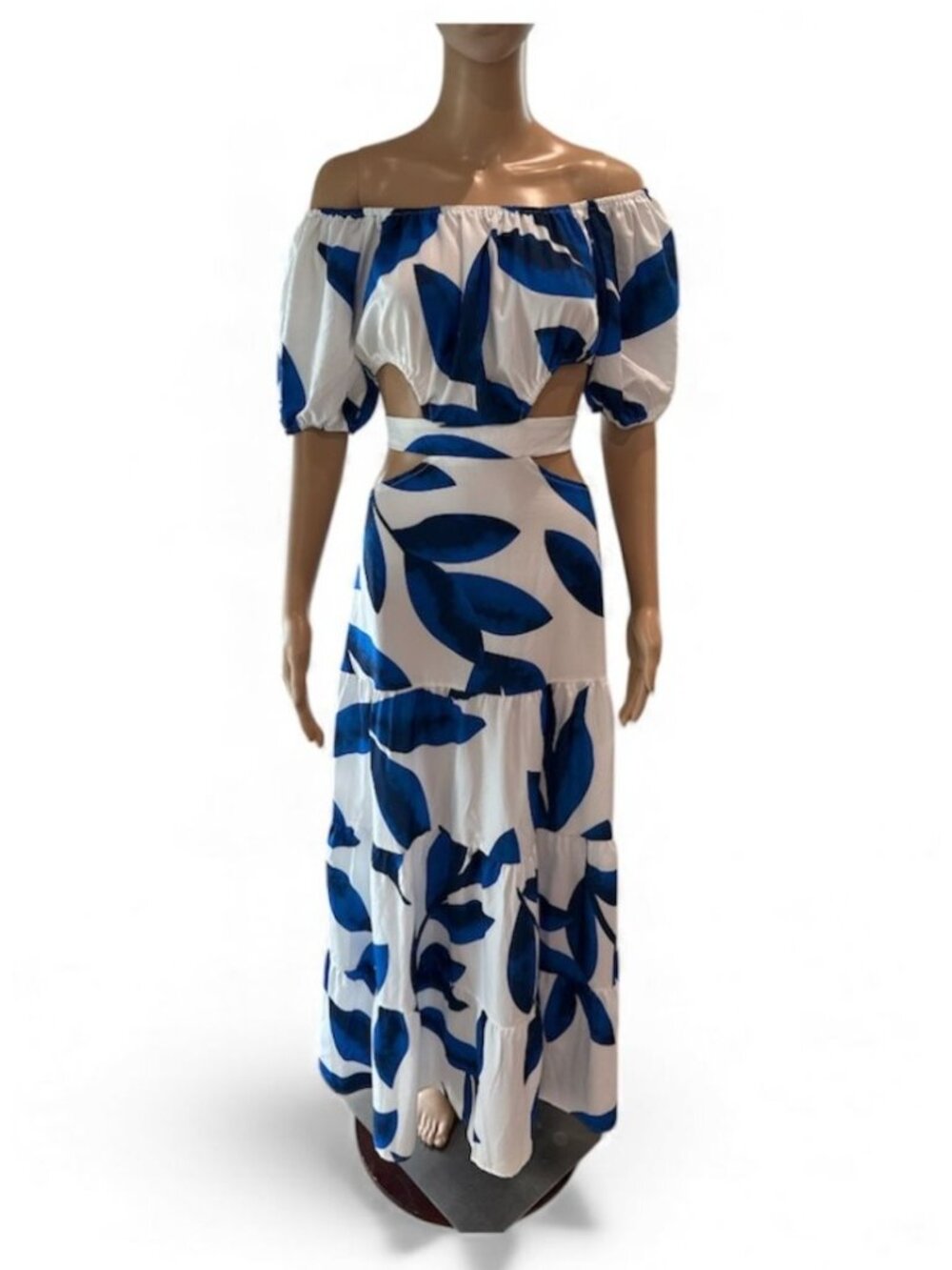 High Waist Off-the-Shoulder Blue & White Maxi Dress - Size Medium